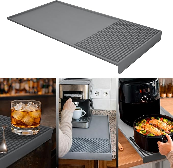 Coffee & Bar Mat For Countertop With "Edge Protection" – Espresso Machine & Coffee Maker Mat – Silicone Heat Resistant Mat – Non-Slip & BPA-Free Food Grade Mat – 12"(Front) x 24"(Length), Gray