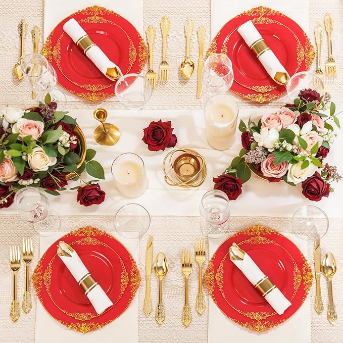 Nervure 350PCS Red Plastic Plates - Red Gold Plastic Dinnerware Sets for 50 Guests - 100 Gold Disposable Plates, 50 Pre Rolled Silverware Sets, 50 Cups Perfect for Wedding & Party & Mothers Day