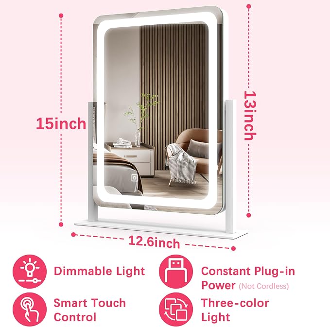 ROLOVE Vanity Mirror with Lights, 12.6"x15" LED Makeup Mirror with Lights, Smart Touch Control 3 Color Dimmable, Lighted Desk Mirror for Bedroom, Light Up Mirror