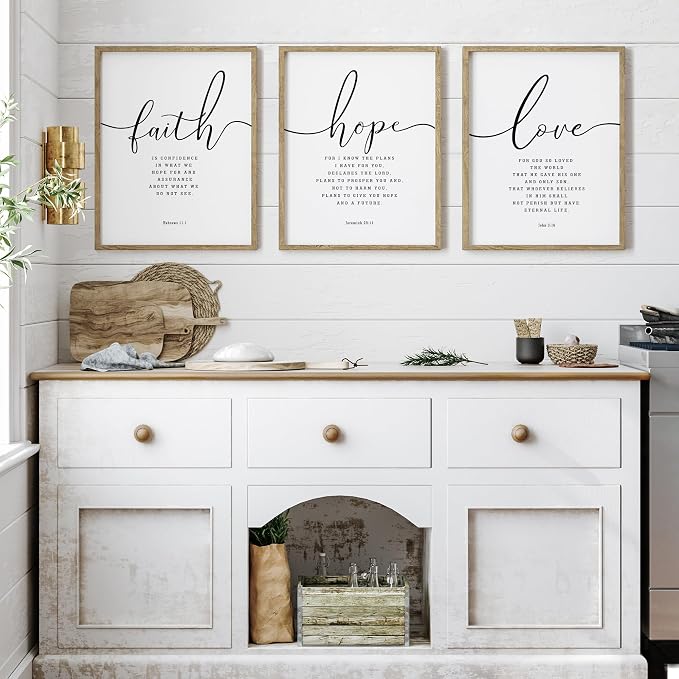 Houmury 3PCS Framed Faith Hope Love Bible Verses Wall Art Farmhouse Religious Quotes Wall Decor Inspirational Wall Art (Brown, 16"x24")