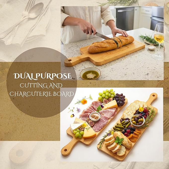 Nuenen 10 Pcs Wood Cutting Board with Handle 16.1 x 4.7 Inch Acacia Bamboo Wooden Serving Kitchen Chopping Boards for Pizza, Bread, Cheese, Charcuterie, Fruit, Vegetables(Narrow Bamboo)