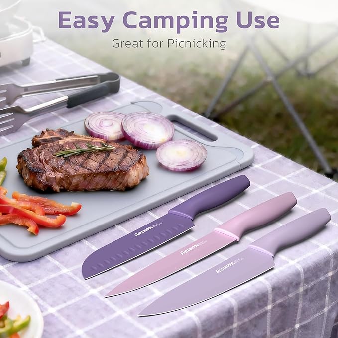 Astercook Knife Set, 13 Pieces Kitchen Knives Set with Healthy Anti-Rust Coating, Dishwasher Safe, Stainless Steel Chef Knife Sets with 6 Blade Guards, Perfect Mothers Day Gifts for Kitchen Purple
