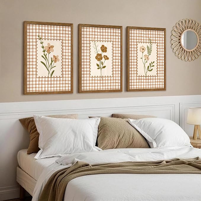 JLTULT Farmhouse Botanical Wall Art Set of 3, Neutral Brown Cottagecore Floral Prints, Wood Framed Wall Decor for Bedroom Living Room Nursery Hallway, 16x24 Inches Each, Ready to Hang
