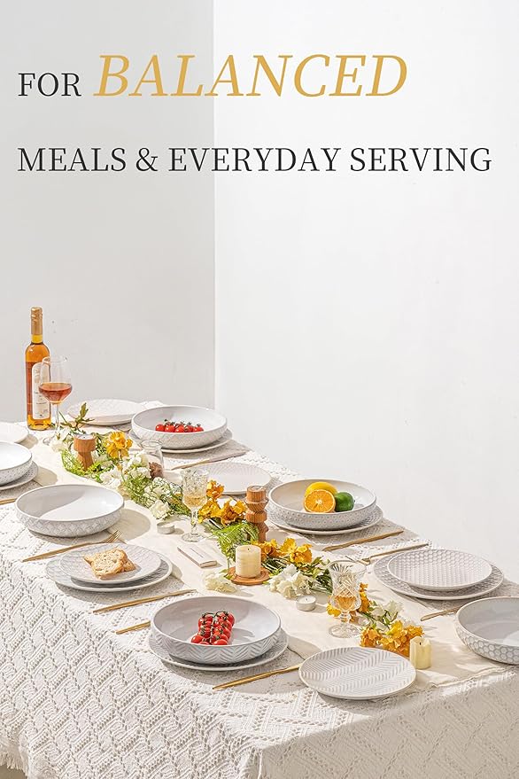 FOBENTA 18-Piece Embossed Ceramic Dinnerware Set–6 Dinner Plates,6 Salad Plates,6 Pasta Bowls,Elegant & Durable Tableware,Dishwasher & Microwave Safe,Perfect for Family & Entertaining