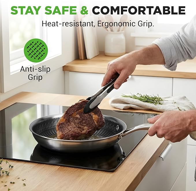 NutriChef 8" Stainless Steel Frying Pan with Lid -Triply Kitchenware Stir Fry Pan Kitchen Cookware w/DAKIN Etching Nonstick Coating, Scratch-resistant Raised-up Honeycomb Fire Textured Pattern -NC3PL8