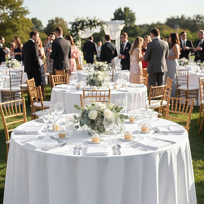 6-Pack White Round Tablecloths, 108 Inches, Stain-Resistant Polyester for 4-5 Ft Round Tables - Washable Table Covers for Weddings, Banquets, Birthday Parties, Events