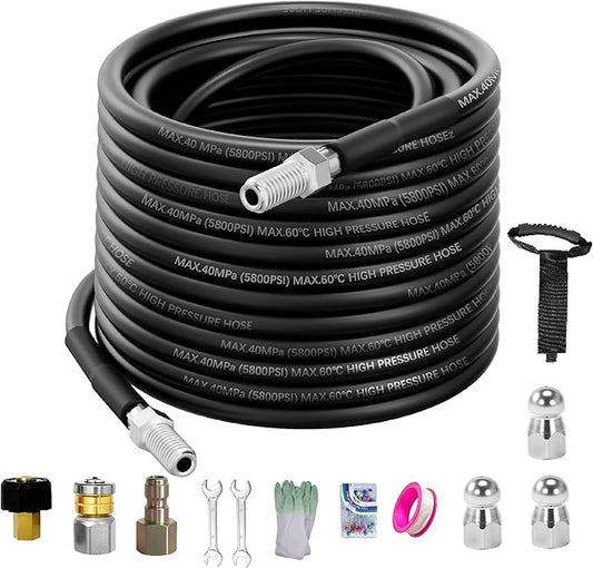 Sewer Jetter Kit for Pressure Washer 50FT, 5800PSI Water Jet Drain Cleaner Hose with 4 Sewer Jetting Nozzles, 1/4 Inch NPT Corner, Waterproof Tape and Handle Strap