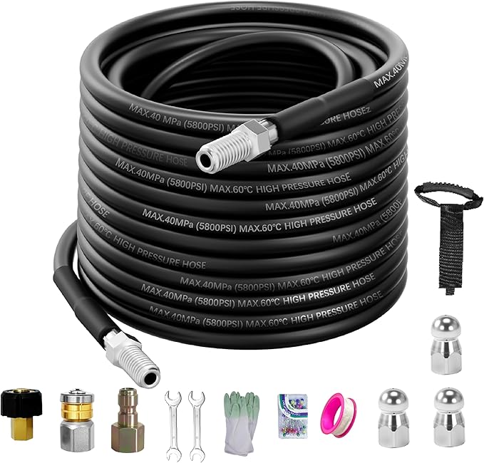 Sewer Jetter Kit for Pressure Washer 100FT, 5800PSI Water Jet Drain Cleaner Hose with 4 Sewer Jetting Nozzles, 1/4 Inch NPT Corner, Waterproof Tape and Handle Strap