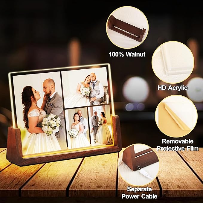 Personalized Valentines Day Couples Gifts For Him Her Husband Wife, Custom Light Up Picture Frame Acrylic Plaque With Photo, Customized Anniversary Birthday Wedding Gifts For Women Men