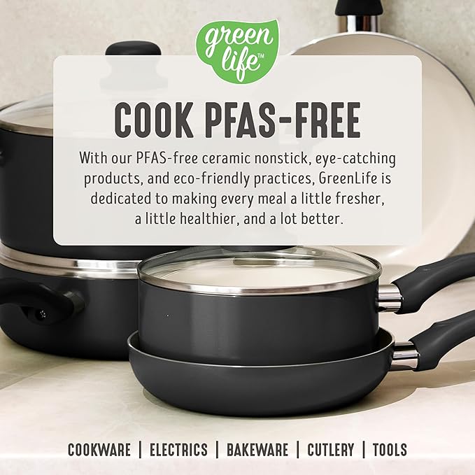 GreenLife 16-Piece Nonstick Cookware Set, Non-Toxic Ceramic Pots and Pans Set, Durable Healthy Kitchen Essentials, Fast Heating, Induction Ready, Easy Clean Dishwasher Safe, PFAS-Free, Graphite Black