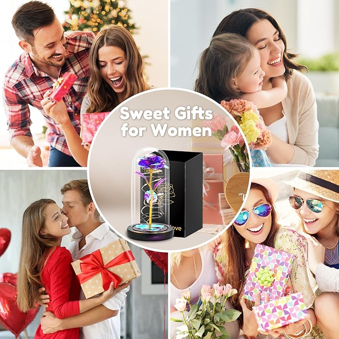 Otlonpe Preserved Forever Mothers Day Flower Gifts for Mom, Glass Light Up Rose Gifts for Women Grandma Girlfriend Wife Sister Her, Valentines Mothers Day Christmas Birthday Womens Gift (Purple)