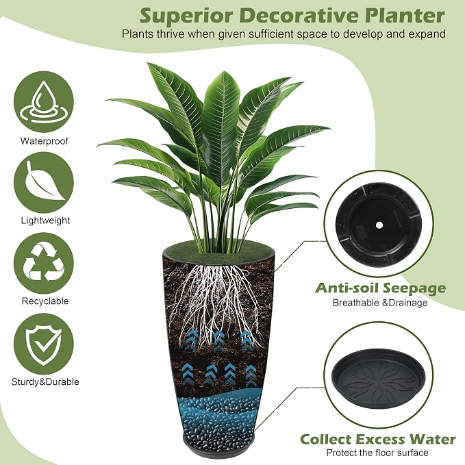 24-21-11 Inch Tall Planters Set of 3, Indoor Outdoor Blue Glossy Round Planter with Drainage Hole and Saucer, Large Decorative Plant Pots for Home Garden Porch (Blue)