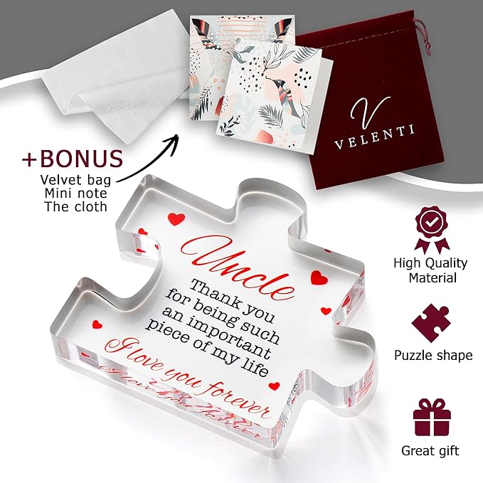 Uncle Gifts - Decorative Favorite Uncle Gift - Acrylic Plaque with Red Velvet Bag, Cleaning Cloth, Envelope - Great Birthday Gift, from Niece, Nephew