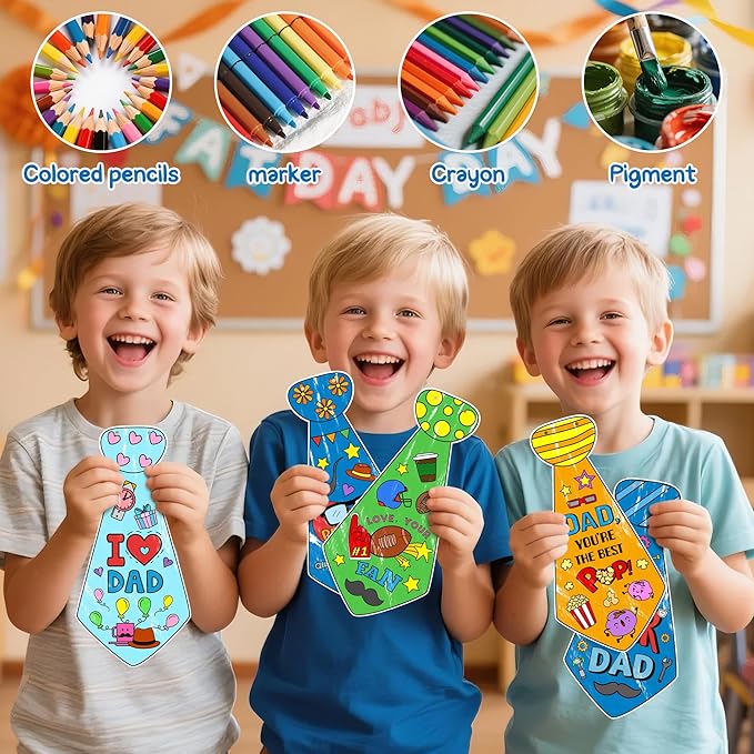 Father's Day Crafts Kits for Kids - 24Pcs Happy Father's Day Bulk Tie Coloring Crafts Best Dad Ever Color Your Own Hanging Tie Ornaments for School Home DIY Art Activities Holiday Party Favor Supplies