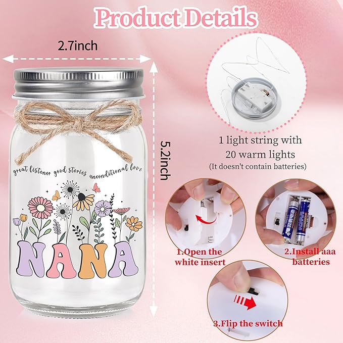 Nana Gifts for Mothers Day Birthday Christmas Valentines Day Gifts for Nana Mason Jar Night Light Home Decor
