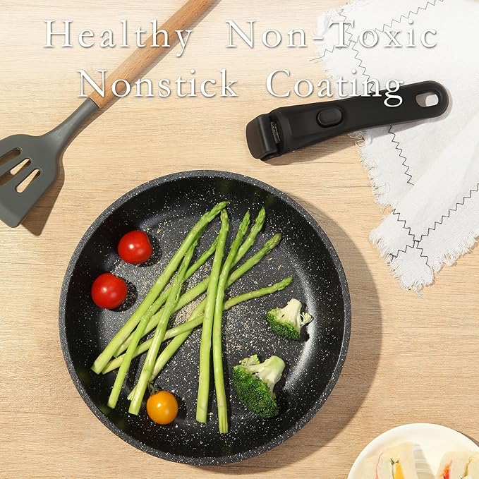 ESLITE LIFE Nonstick Ceramic Frying Pans Skillets Set with Lids & Detachable Handle, Non-Toxic Egg Omelette Kitchen Cooking Pans Compatible with All Stovetops, PTFE & PFOA Free, Black, 7-Piece