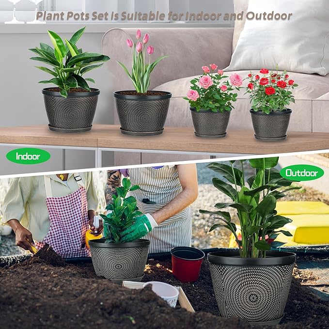 Quarut 10 Inch Flower Pots,3 Pack Planters for Outdoor Indoor | Plastic Plant Pots with Drainage Hole & Tray, Modern Decorative Garden Pot with Saucer, planters for House (Drak Bown)