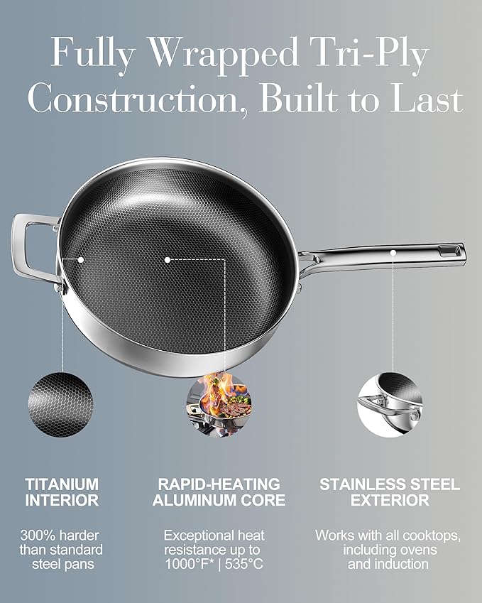 FogDream Titanium Non Stick Frying Pan, 10in Tri-Ply Stainless Steel Deep Saute Pan, All-in-One Cookware Set(Spatulas&Steamer), Stay Cool Handle, Dishwasher & Oven-Safe,Induction Compatible,Silver