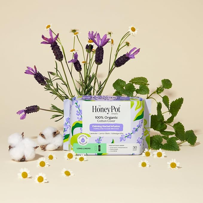 The Honey Pot Company - Calming - Long Panty Liners for Women | 100% Organic Cotton Cover - Calming Herbs of Lavender, Ashwagandha, & Lemon Balm - Feminine Care - 30ct
