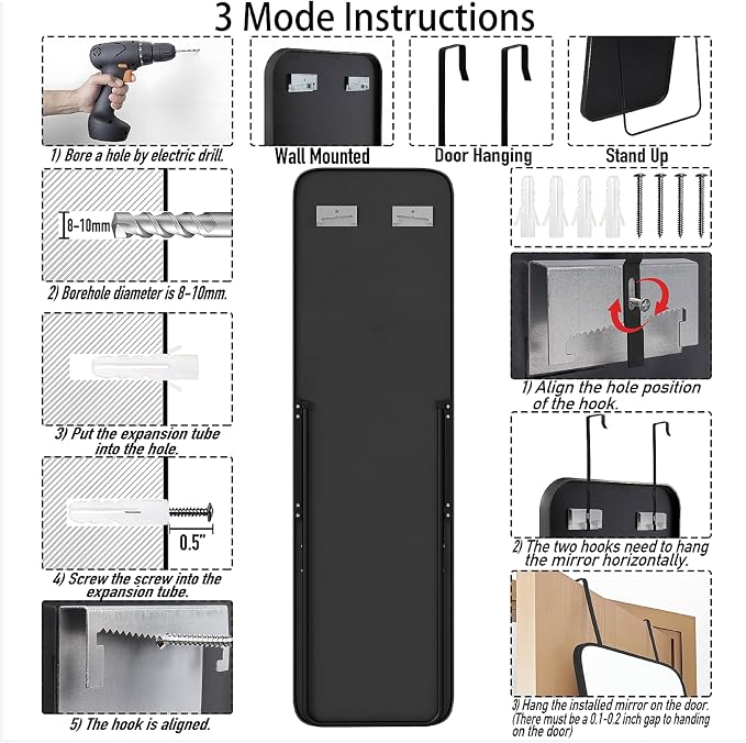 SCWF-GZ 57x16 Full Length Mirror Over The Door Hanging, Floor Stand/Wall Mounted Aluminum Alloy Frame Dressing Mirror for Bedroom Living Room 57 inch Black