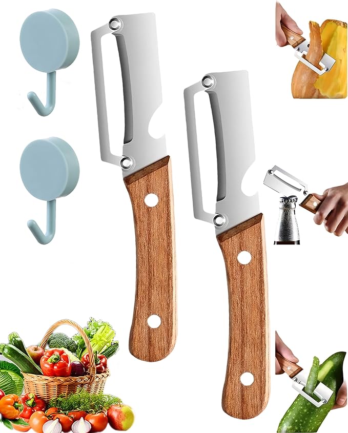 Wooden Kitchen Tool, Multifunctional Vegetable Peeler 2-in-1 with Bottle Opener, Ultra-Sharp Curved Blade, Multi Functional Vegetable Peeler Non-slip Handle for Vegetables or Fruits (2)