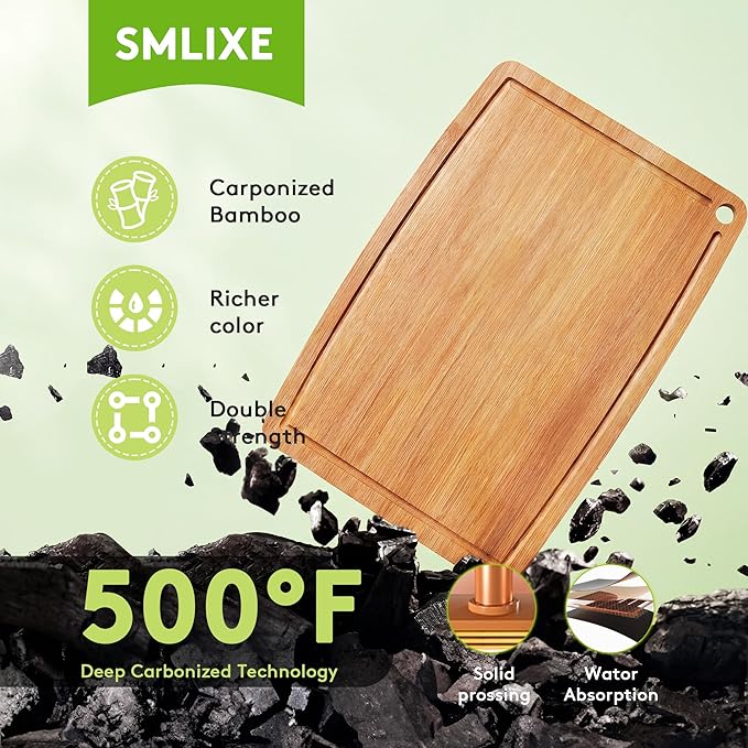 Bamboo Cutting Boards for Kitchen Set of 2, Carbonized Wood Cutting Board Set with Deep Juice Groove for Chopping Meat, Vegetables, Fruits, Nuts, Lightweight & Durable, Ideal Kitchen Gift