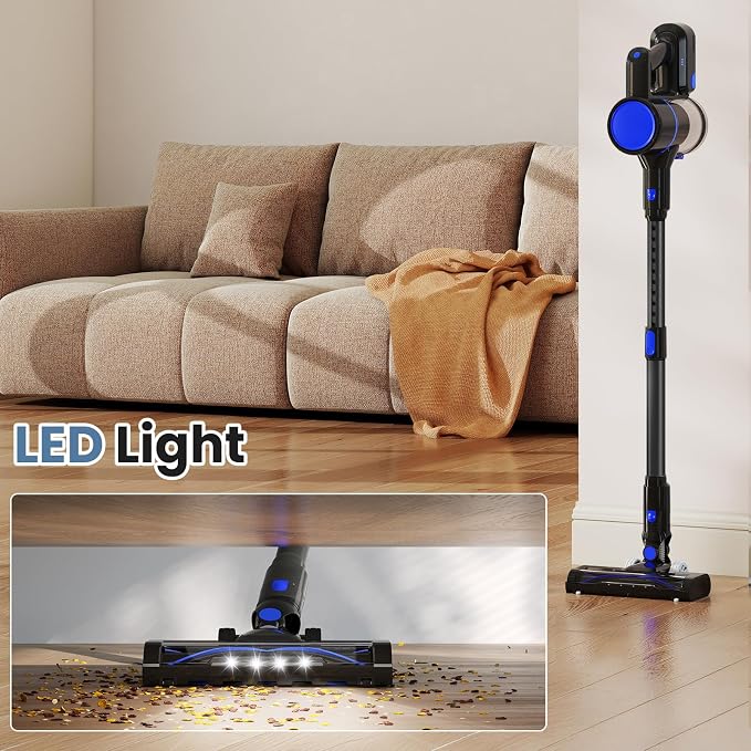 OLIXIS Cordless Vacuum Cleaner, Rechargeable Upright Cleaner with Flexible Steering, Extendable Wand, LED Headlight, 3 Brushes & Wall Mount, Handheld Vacuum for Hardwood Floor Home Cleaning