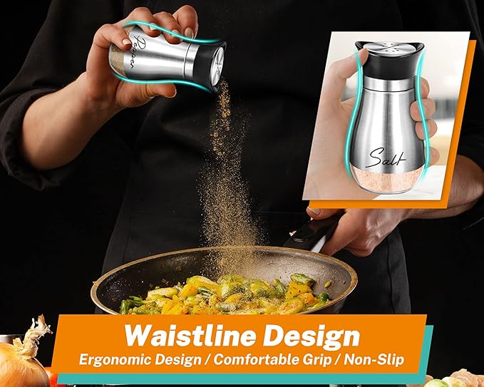 Salt Shakers and Pepper Set,4 oz Glass Bottom Salt Pepper Shaker with Stainless Steel Lid for Kitchen Gadgets Cooking Table, RV, Camp,BBQ Refillable Design (Silver)