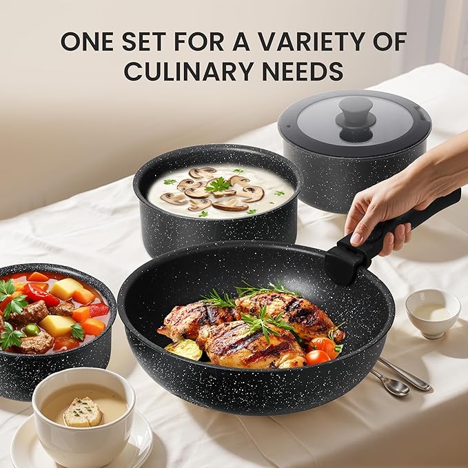 Simple Deluxe 12 Pcs Non-Stick Cookware Set, with Black Granite Texture and Detachable Handles, Resistant to High Temperatures, Oven Safe, PFAS and PFOA Free