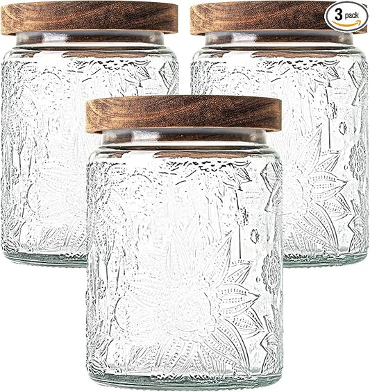 24Oz/3Pcs Glass Jar with Lid,Decorative Jar,Cute jar,Glass Canister,Vintage Glass Storage Jar for Sugar, Coffee, Tea, Spice, Flour, Candy Cookie, Pasta, Cereal