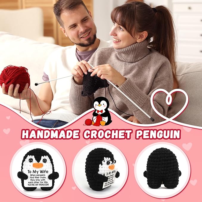 Gifts for Wife Her from Husband Mothers Day, To My Wife Handmade Positive Crochet Mini Funny Penguin, Romantic Wedding Anniversary Birthday Valentines Gifts for Women Her, Small Love Sign Decor