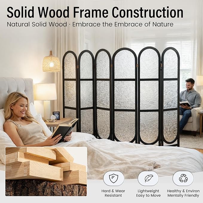 Acrylic Room Divider 6 Panel 67" Tall Arched Room Divider and Privacy Screen with Solid Paulownia Wood Frame, Freestanding Partition Divider for Room Separation, Home, Bedroom - Black