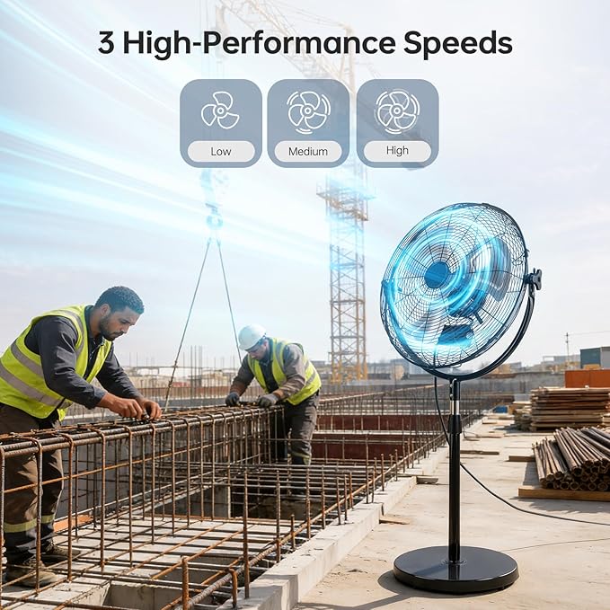 20 Inch High Velocity Pedestal Fan, Heavy Duty Industrial Standing Fan with 3-Speed & Adjustable Height (47.1"-55.1"), Metal Fan for Bedroom, Patio, Workshop & Indoor Air Circulation