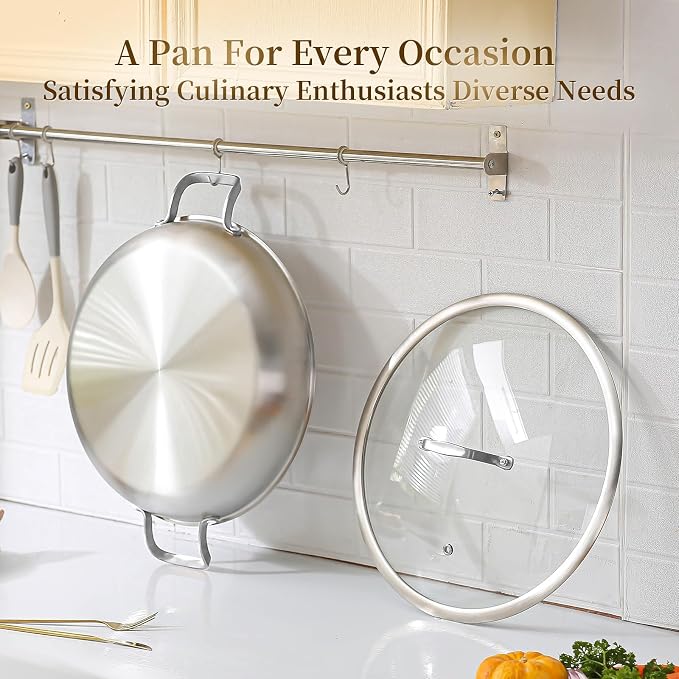 DELARLO Paella Pan 14 Inch Tri-Ply Stainless Steel Paella Pan with Lid, Jumbo Frying Pan, kitchen Induction Large Skillets,Great for Paella Parties Indoors Outdoors,Heavy Duty Style