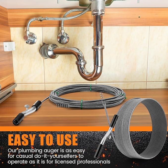 Threlaco 50 ft Drain Auger Plumbing Snake for Heavy Deep Blockages 1/4" Diameter Flexible Plumbing Cables Drain Snake for Kitchen Bathroom Shower Sink Cleaning Drainage Clogs
