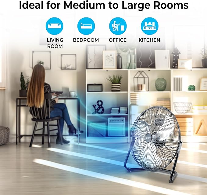 Comfort Zone 20-Inch High-Velocity Industrial Floor Fan, Heavy-Duty 3-Speed Metal Shop Fan with 180° Adjustable Tilt & Carry Handle, Quiet Vibration-Free Cooling for Garage, Workshop, & Home
