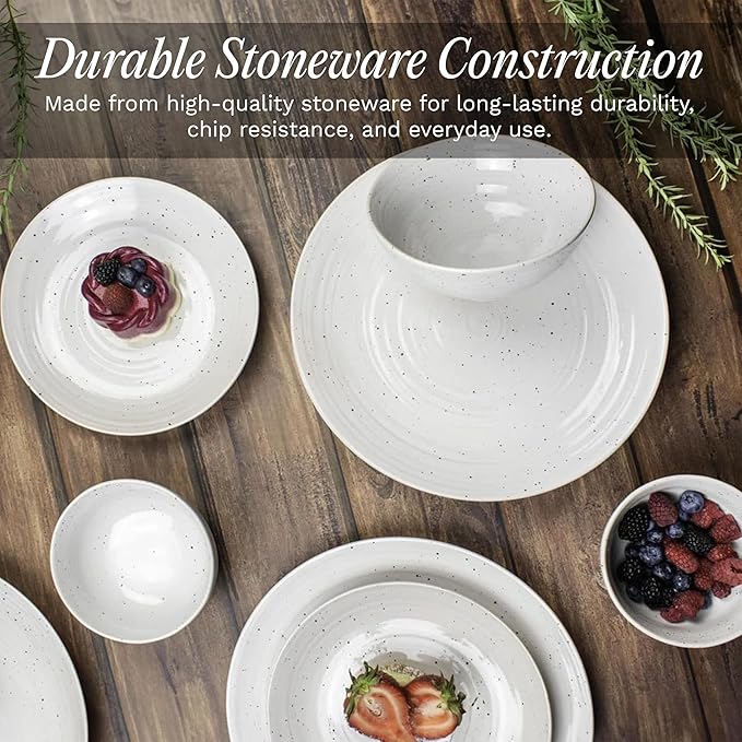 Sango Siterra 16-Piece Rustic White Stoneware Dinnerware Set – Service for 4, White with Glossy Speckle Overlay, for Everyday Dining & Entertainment, Microwave & Dishwasher Safe