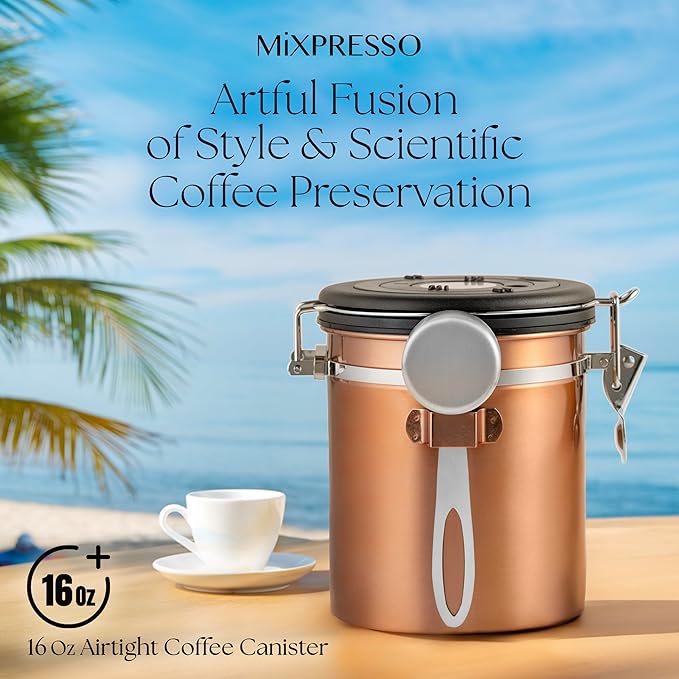 Mixpresso Copper 16 Oz Stainless Steel Coffee Canister with Scoop – Airtight Coffee Container with CO2 Valve for Bean Storage, Date Tracker Lid
