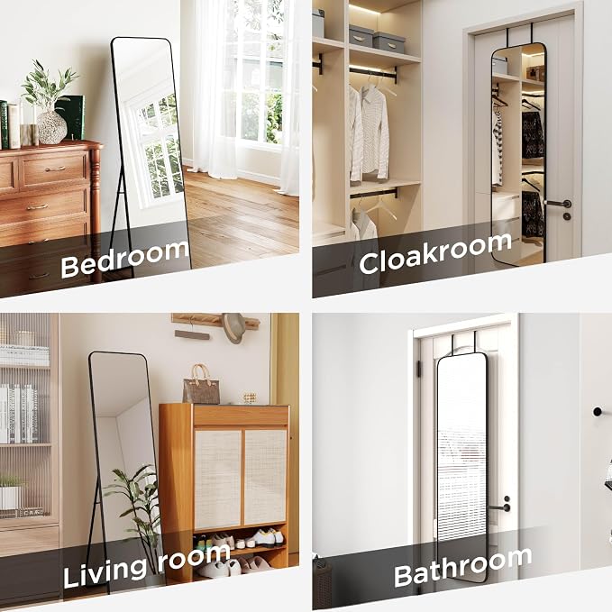 SCWF-GZ 57x16 Full Length Mirror Over The Door Hanging, Floor Stand/Wall Mounted Aluminum Alloy Frame Dressing Mirror for Bedroom Living Room 57 inch Black