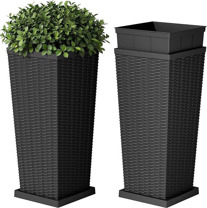 Devoko Resin Tall Planters for Outdoor Plants Set of 2, Large Taper Outdoor Planter Pots with 4 Drainage Holes, Flower Pots Modern Decor for Porch, Patio, Backyard, Garden(Black, 30'' with Trays)