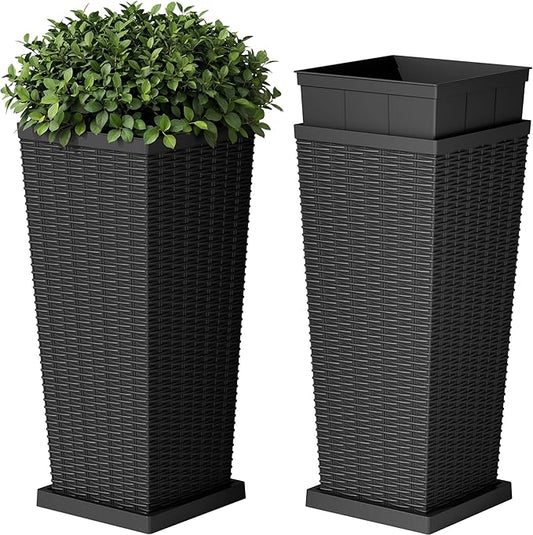 Devoko Resin Tall Planters for Outdoor Plants Set of 2, Large Taper Outdoor Planter Pots with 4 Drainage Holes, Flower Pots Modern Decor for Porch, Patio, Backyard, Garden(Black, 30'' with Trays)