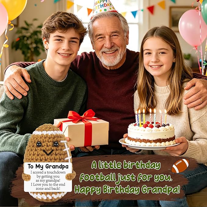 Mini Funny Grandpa Fathers Day Birthday Gifts from Grandkids, Handmade Crochet Football Grandpa Gifts from Granddaughter Grandson Cute Decor, Great Grandfather Grandparents Present for Father's Day