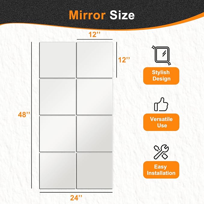 Delma Glass Mirror Tiles, 12'' x 12'', 8 PCS | Square Large Wall Mirror, For Home Gym, Bedroom, Door, Bathroom, Frameless Mirror Sets