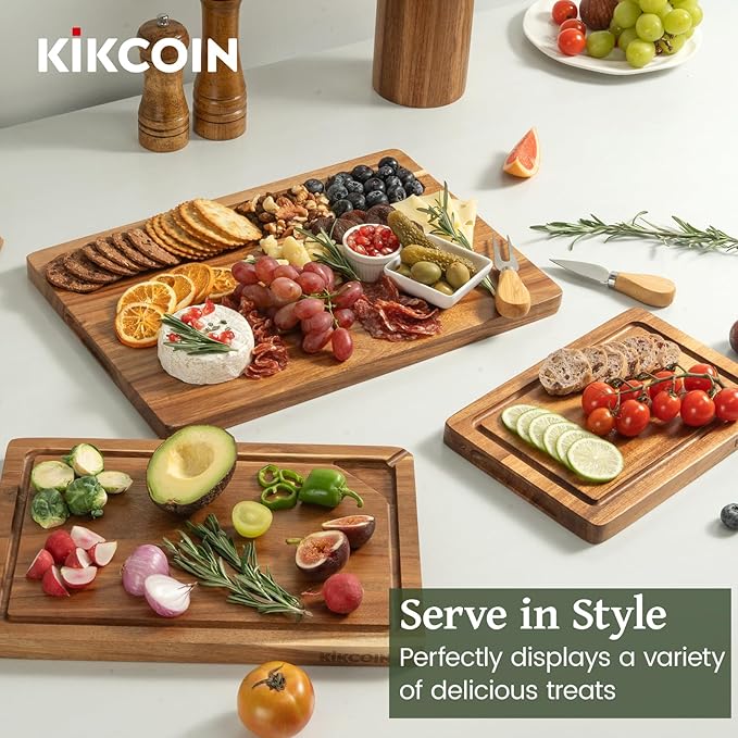 Kikcoin Acacia Wood Cutting Boards for Kitchen, 3 PCS Wooden Cutting Board Set with Holder, Chopping Board with Compartments and Juice Groove, Solid Charcuterie Boards Serving Tray Wood Butcher Block