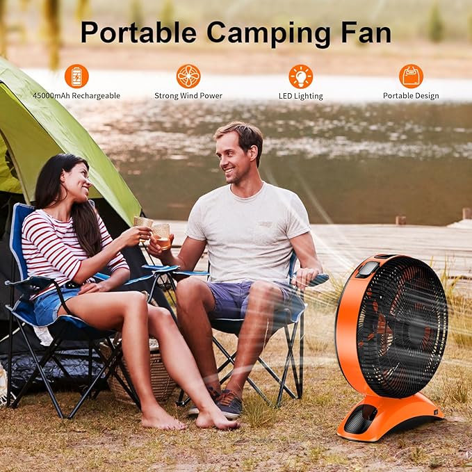 45000mAh Big Battery Powered Camping Fan, 12-Inch Blades Portable Rechargeable Outdoor Fan with LED Light, 3 Speeds Cordless Floor Fan with Remote and Timer for Garage, Patio, RV