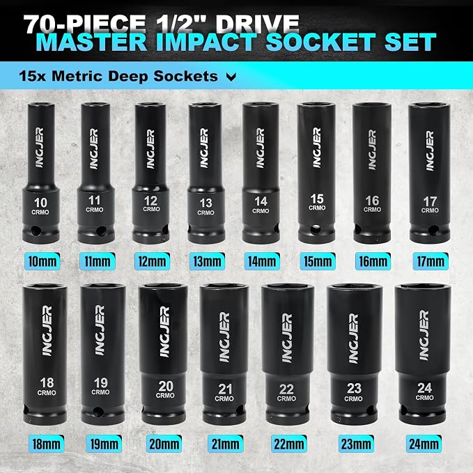 1/2" Drive Impact Socket Set, 70 Piece SAE 3/8" to 1-1/4" and Metric 10-24mm, 6 Point Cr-MO Alloy Steel for Auto Repair, Easy-to-Read Size Markings, Rugged Construction, Storage Case