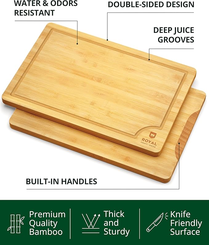 ROYAL CRAFT WOOD Bamboo Cutting Board with Juice Groove - Kitchen Chopping Board for Meat Cheese and Vegetables, Heavy Duty Serving Tray w/Handles (Large,10 x 15")