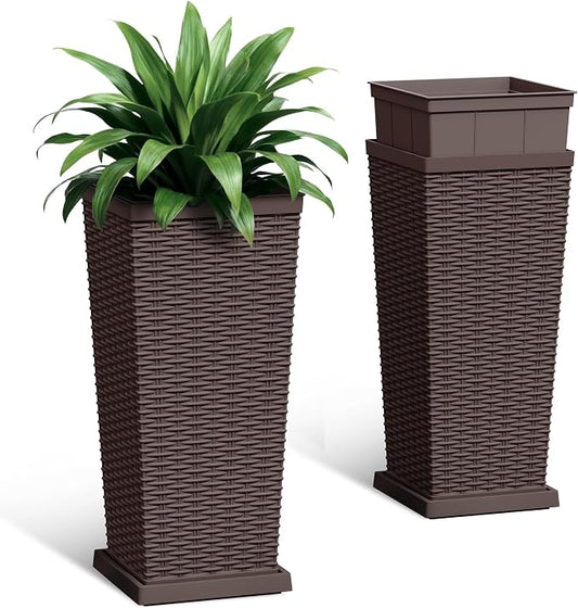 Set of 2 24 Inch Tall Plastic Planters with Drainage Saucers, Rattan Pattern UV Resistant Indoor Outdoor Flower Pots for Patio Garden Balcony Decor, Brown