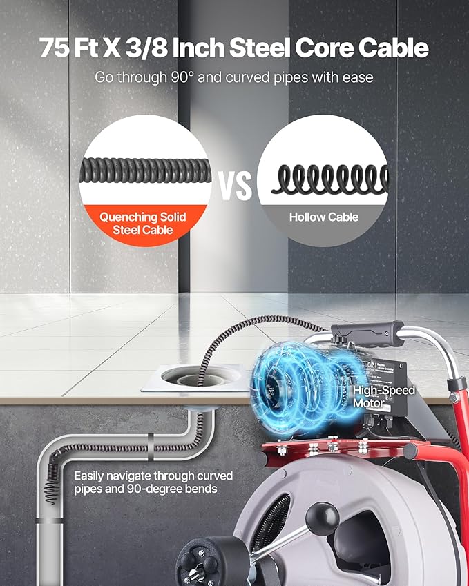 VEVOR Drain Cleaner Machine 75 FT x 3/8 Inch, Auto Feed Sewer Snake Drain Auger on Wheels, Portable Drain Cleaning Machine with 8 Cutters & Air-Activated Foot Switch for 2" to 4" Pipes