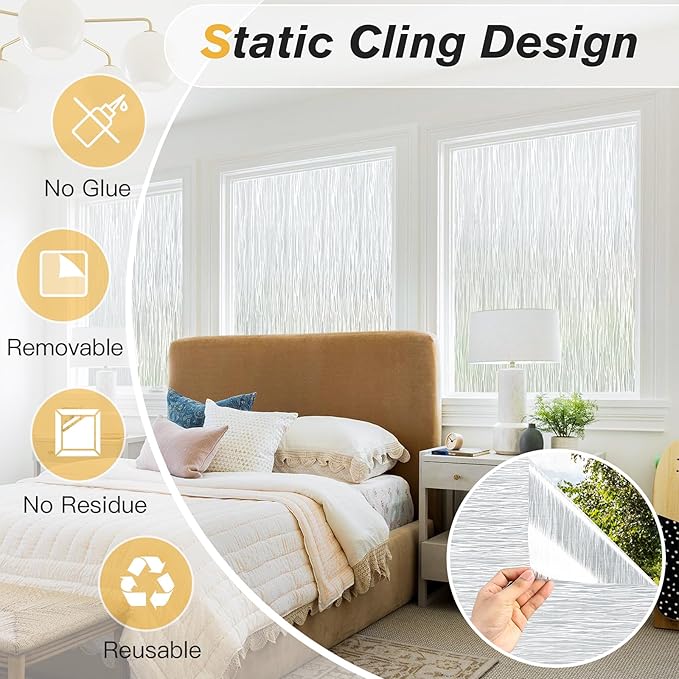 Haton Window Privacy Film, Frosted Glass Privacy Window Clings, Sun Blocking Frosting Opaque Coverings, Static Cling Removable Decorative Stickers for Home Door, Non-Adhesive 17.5" x 78.7"